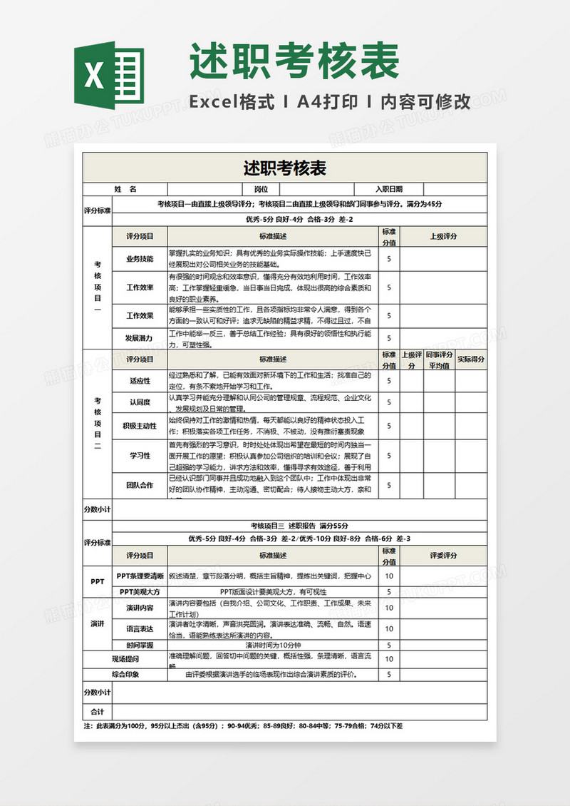 述职考核表Excel素材