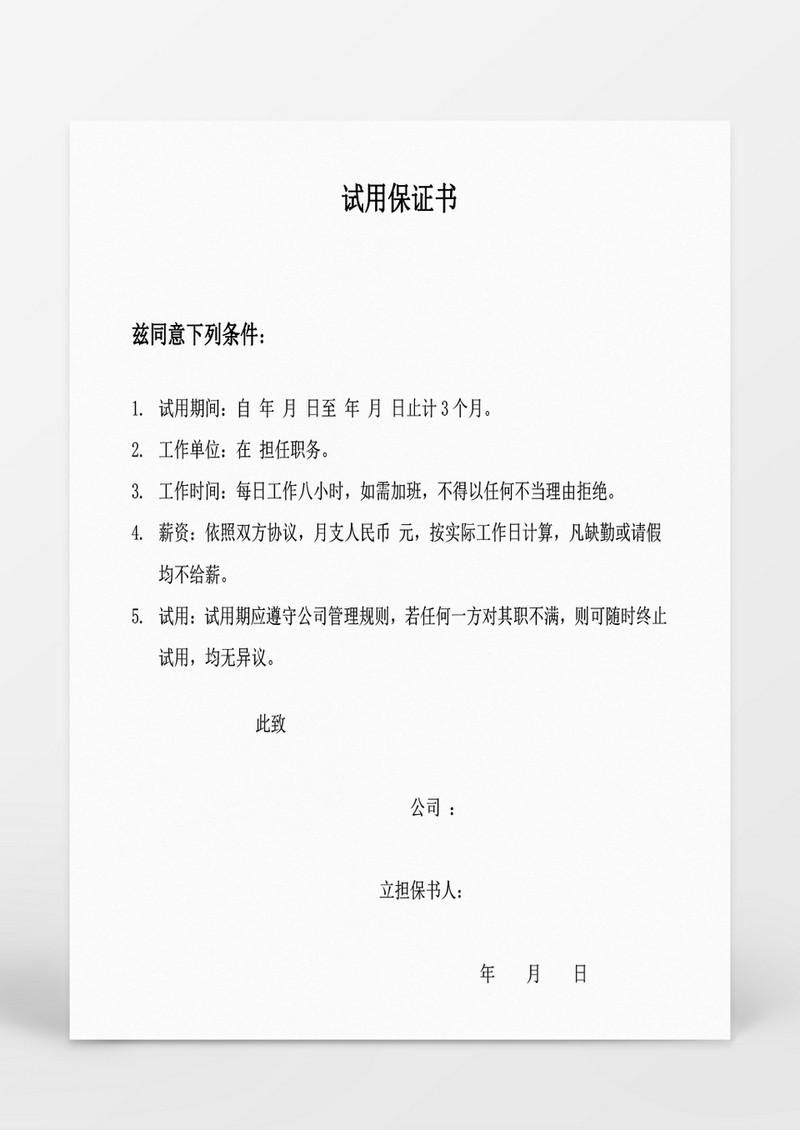 基础人事试用保证书word文档