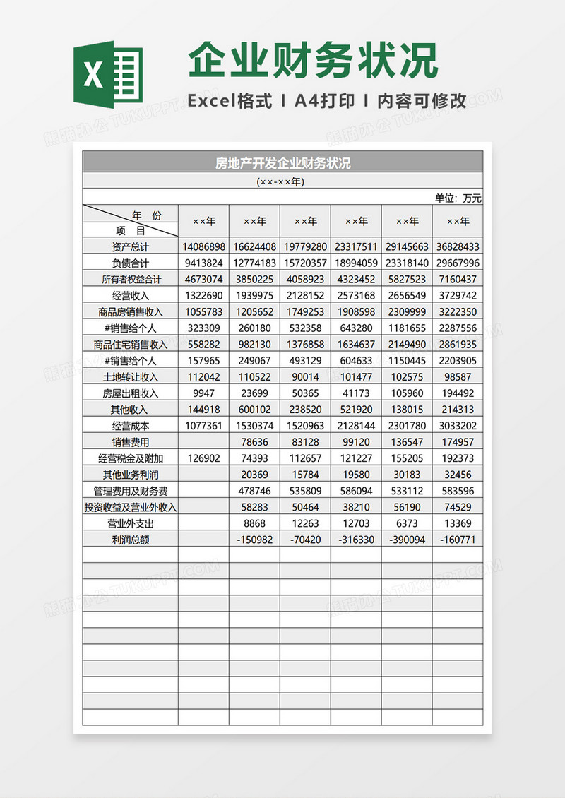 房地产开发企业财务状况Excle表格