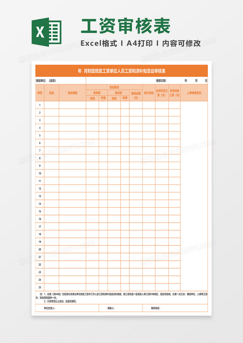 财政统发工资单位人员工资和津补贴变动审核表 