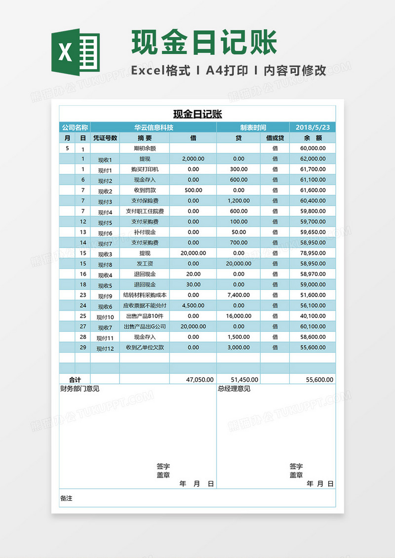 2018现金日记账excel模板