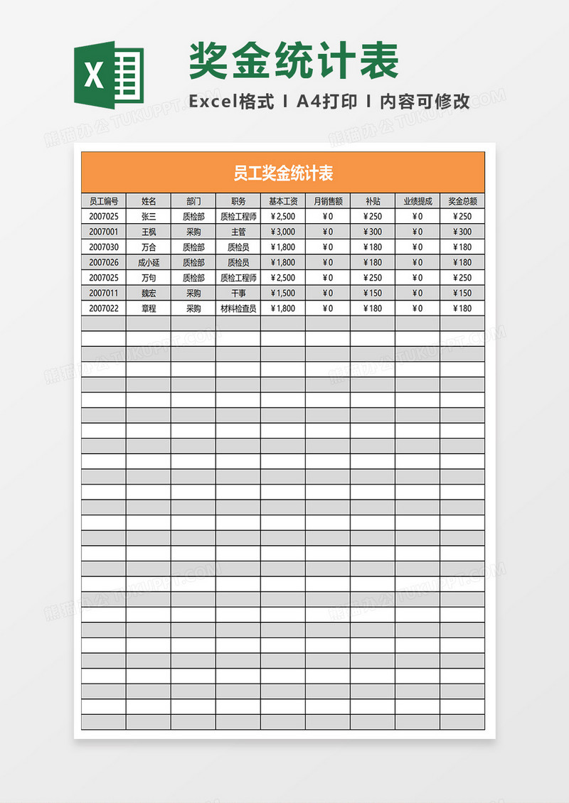 奖金统计表excel模板