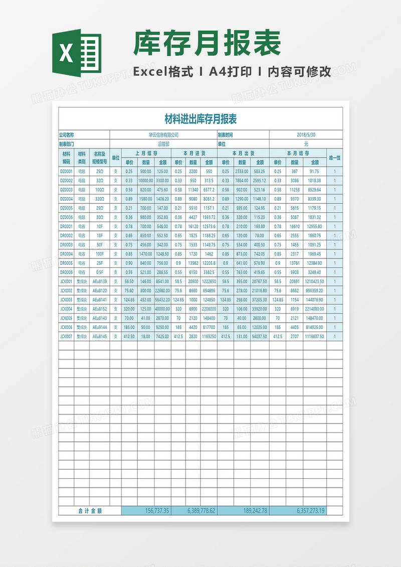 材料进出库存月报表excel模板