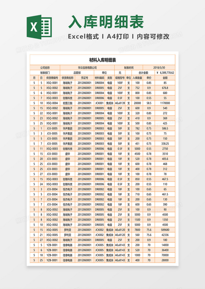 材料入库明细表Excle表格