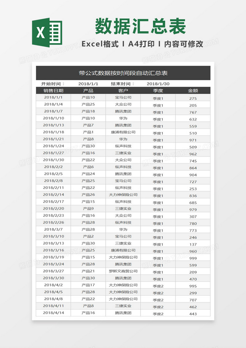 带公式数据按时间段自动汇总表