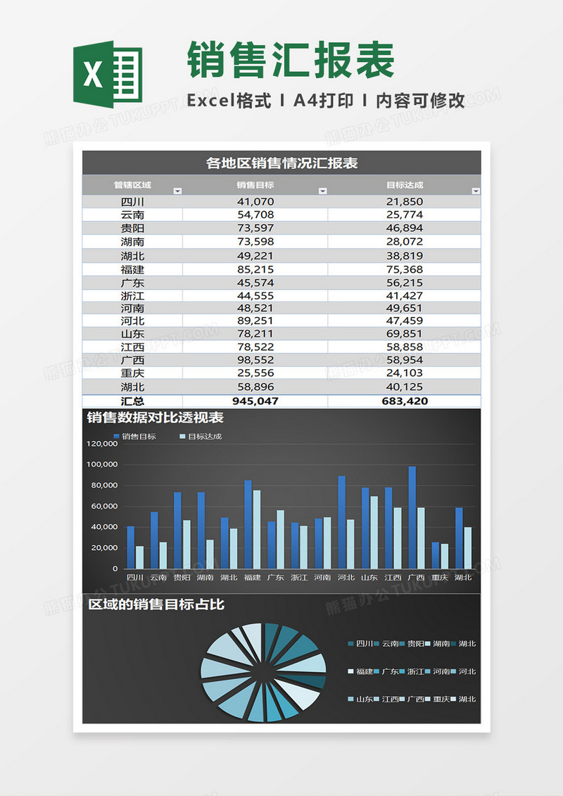 蓝色地区销售数据对比excel表格模板