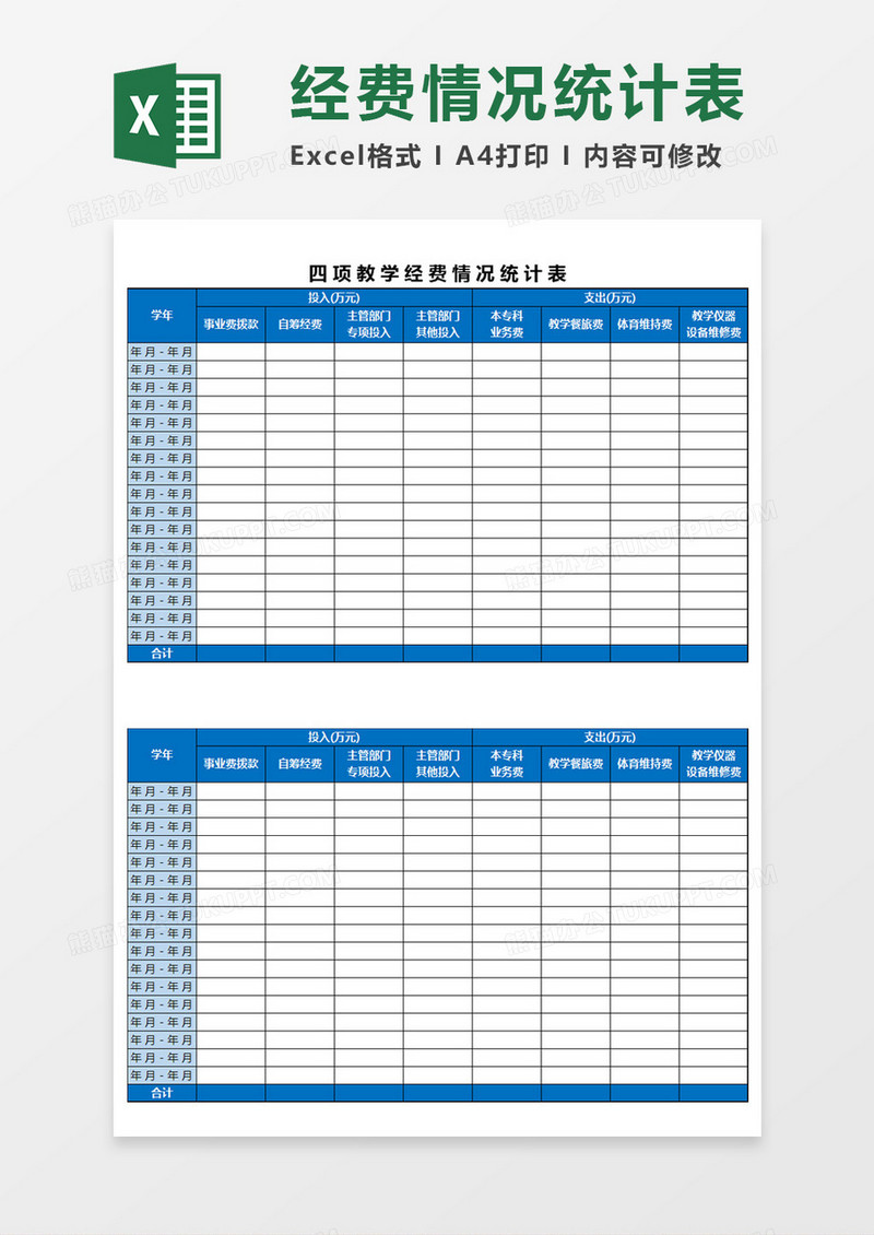 四项教学经费情况统计表Excel模板