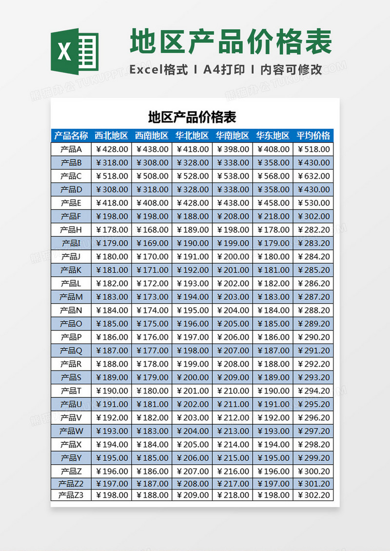 地区产品价格表Excel模板