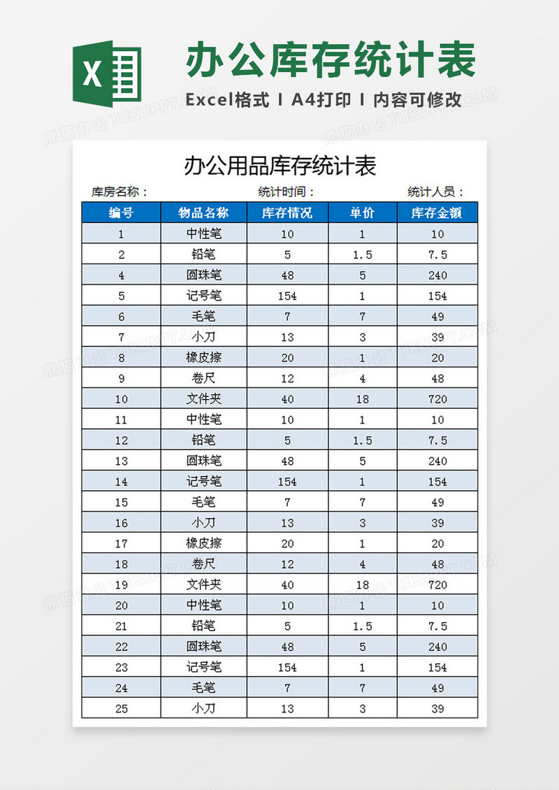 办公用品库存统计表模板