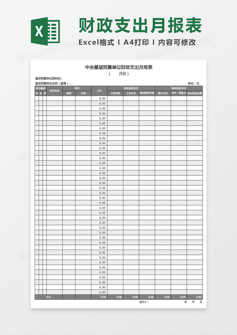 中央基层预算单位财政支出月报表Excel模板