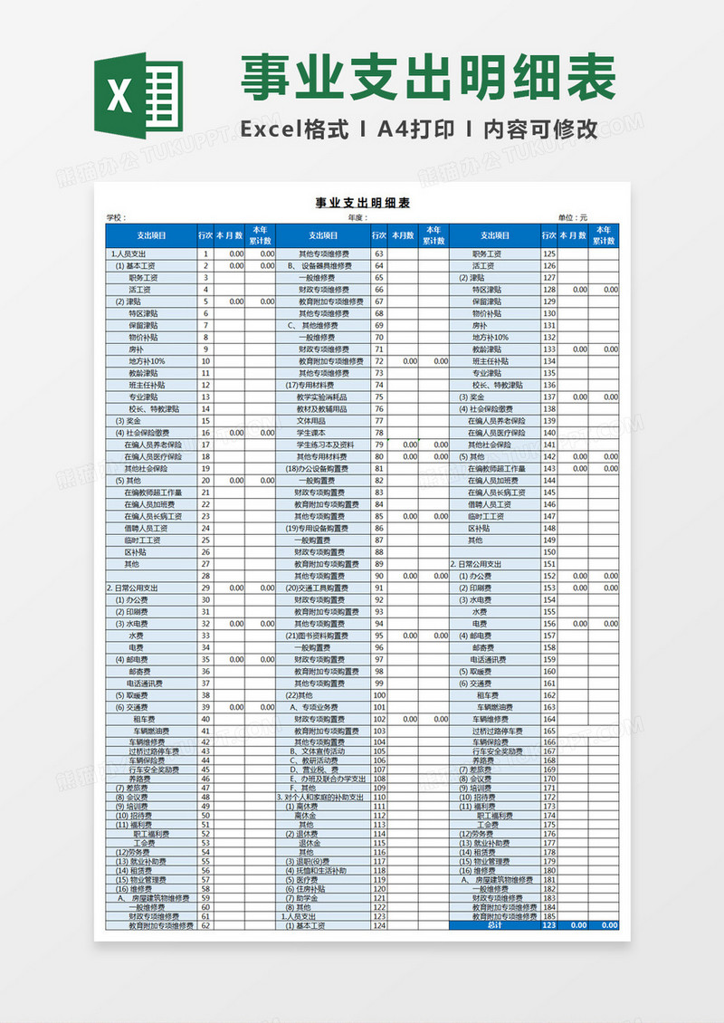 事业支出明细表Excel模板