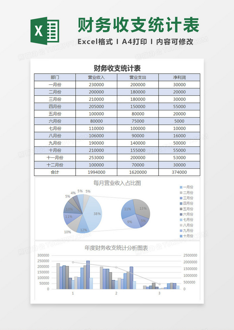 淡雅简约年度财务收支表Excel模板