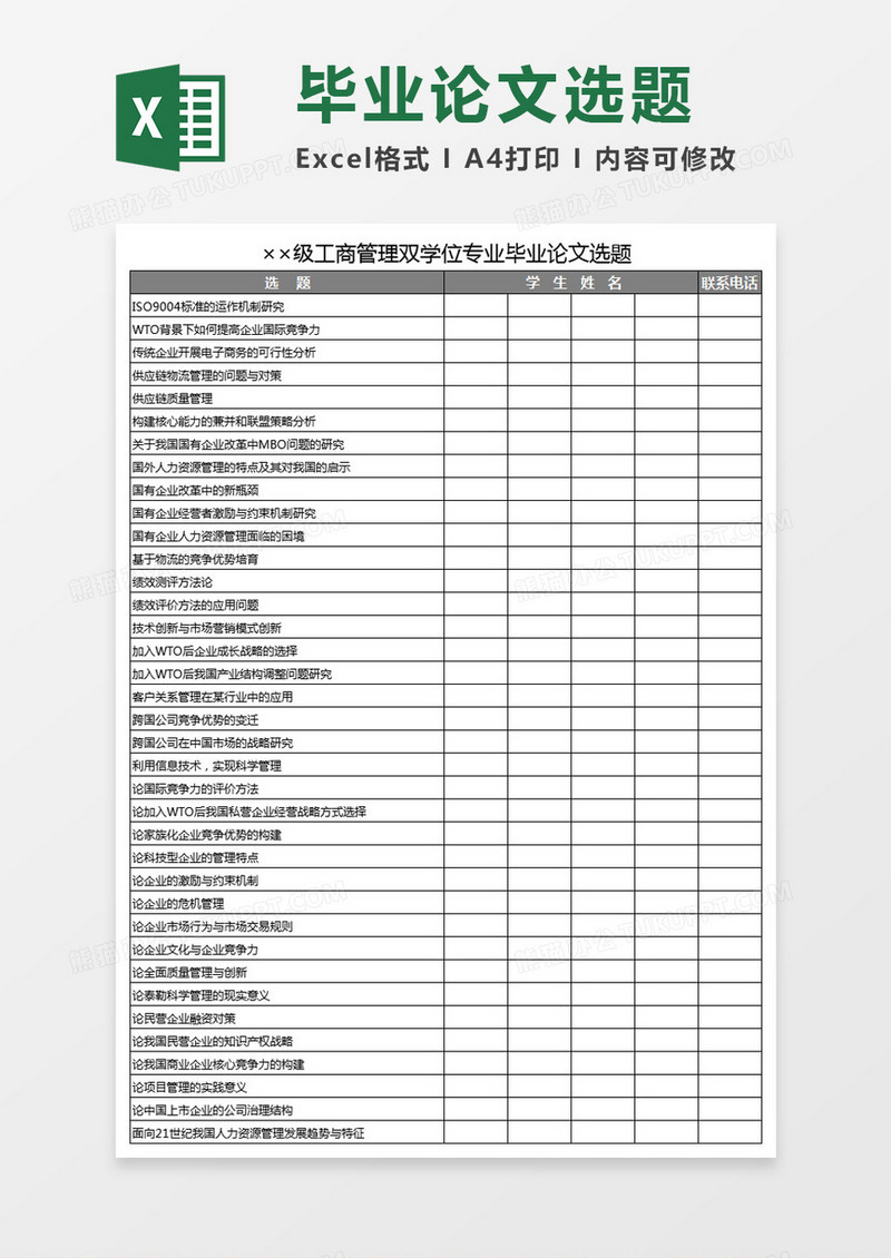 工商管理双学位专业毕业论文选题Excel模板