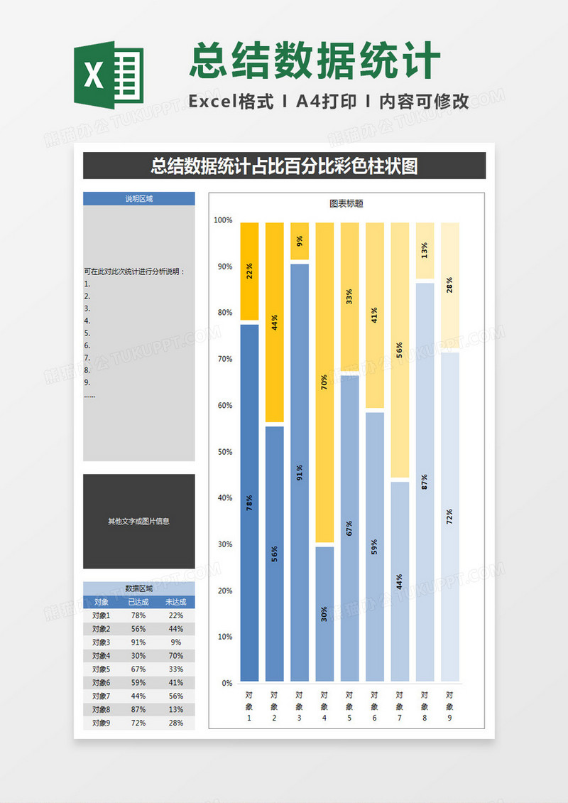 总结数据统计占比百分比彩色柱状图Excel模板