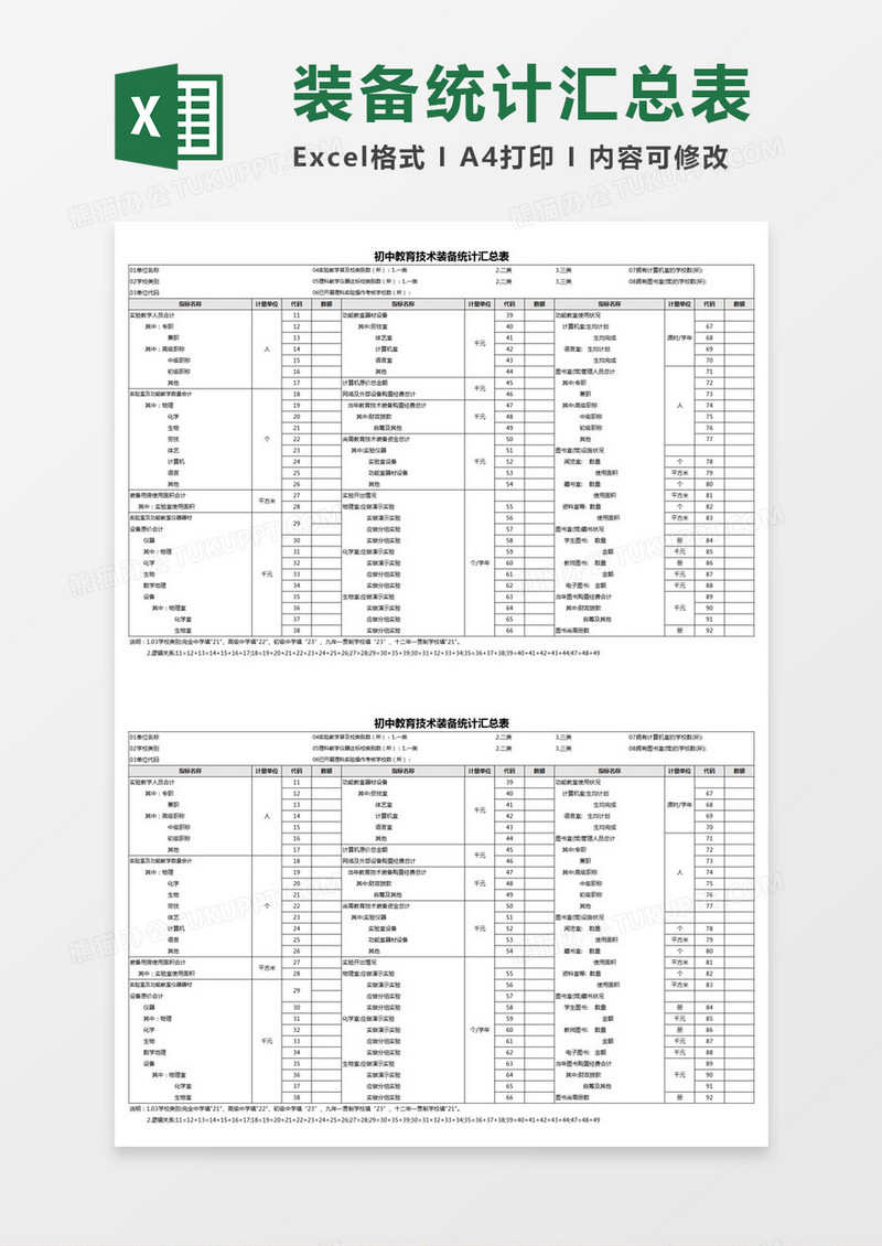 初中教育技术装备统计汇总表Excel模板