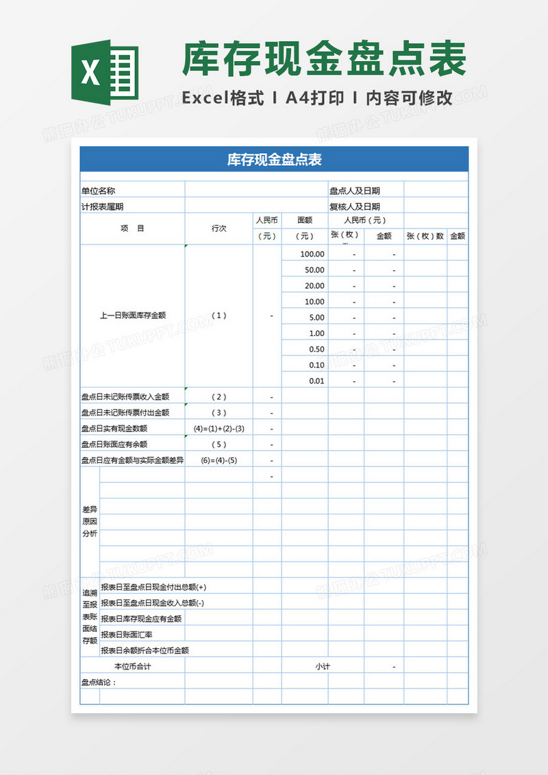 库存现金盘点Excel模板