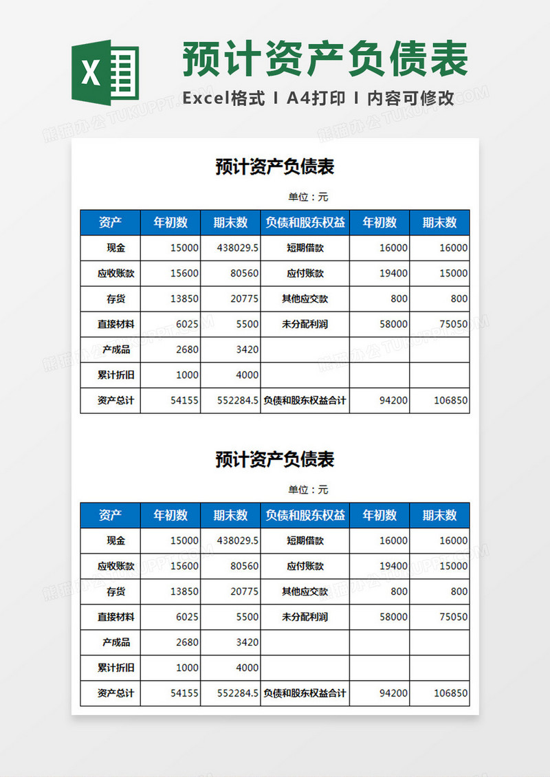 预计资产负债表Excel模板