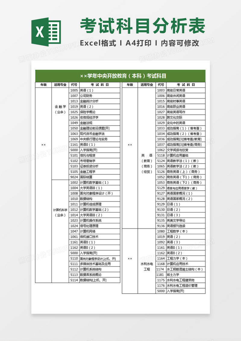 学年开放教育（本科）考试科目Excel模板