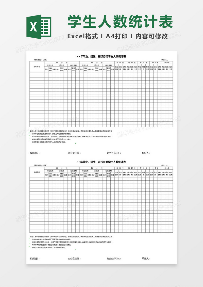 毕业、招生、在校各类学生人数统计表Excel模板