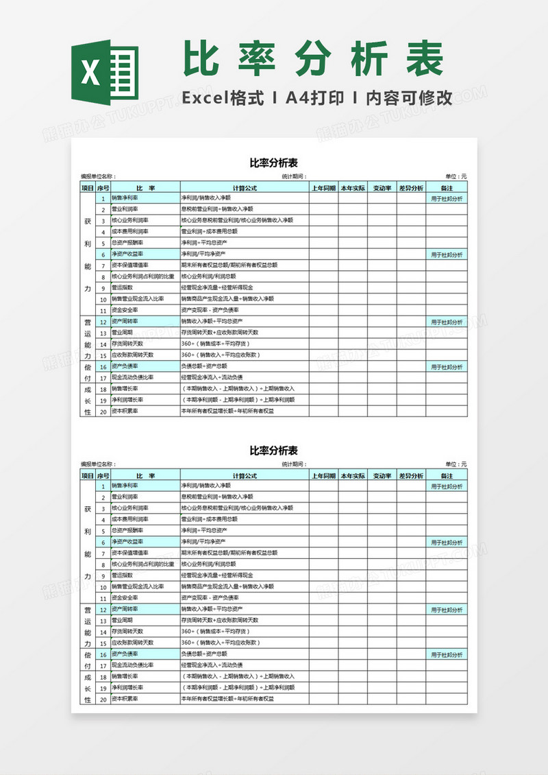 比率分析表Excel模板