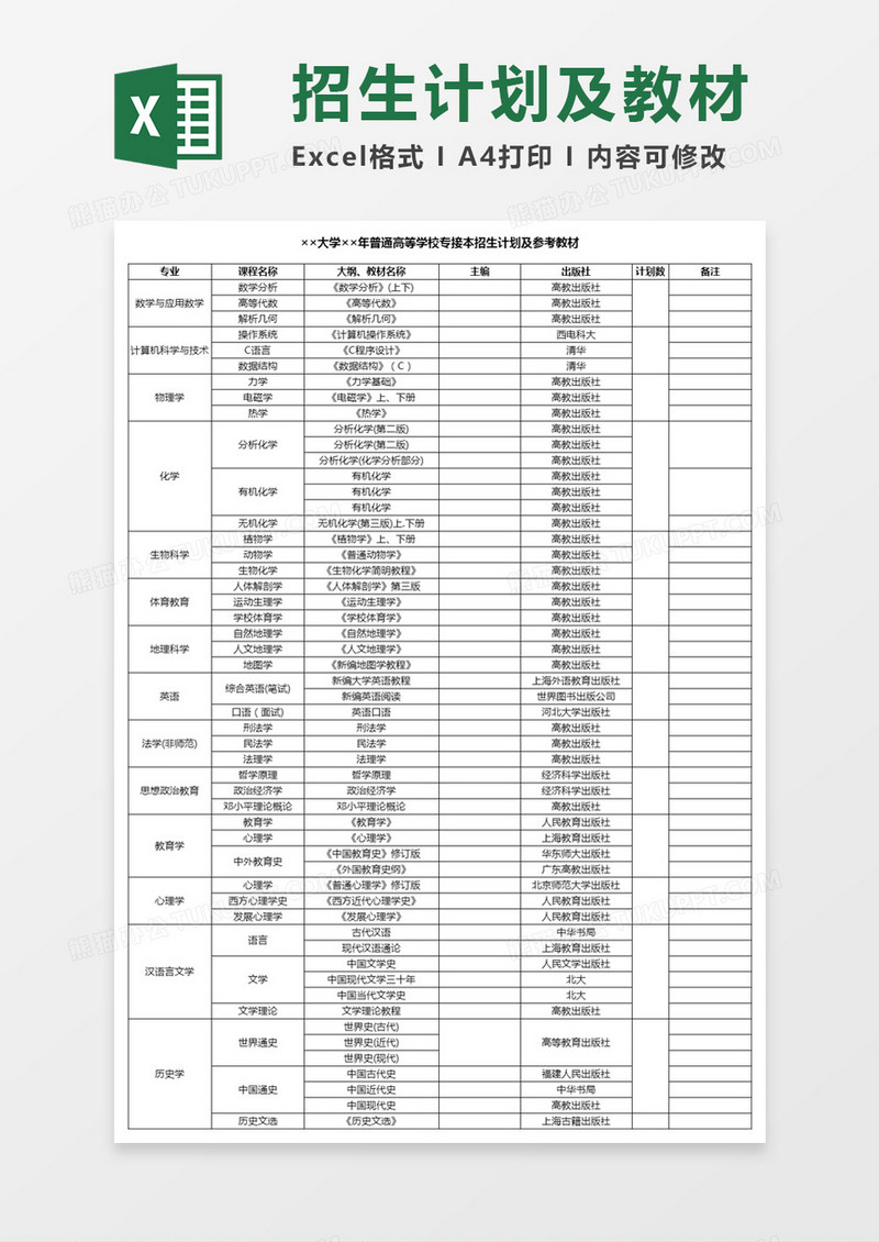 大学专接本招生计划及参考教材Excel模板