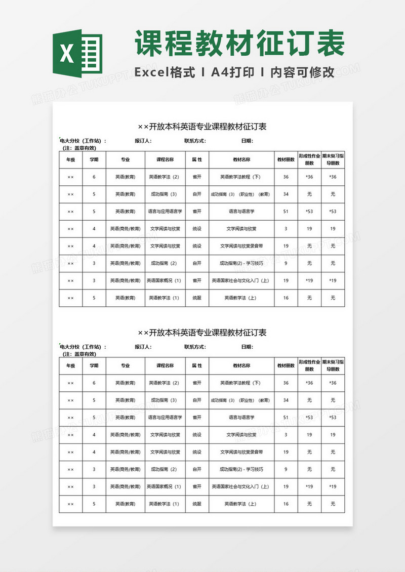 开放本科英语专业课程教材征订表Excel表格模板