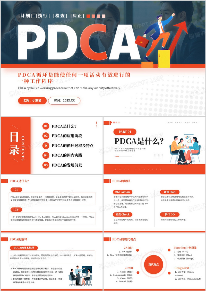 红色简约风PDCA循环工作程序介绍PPT模板