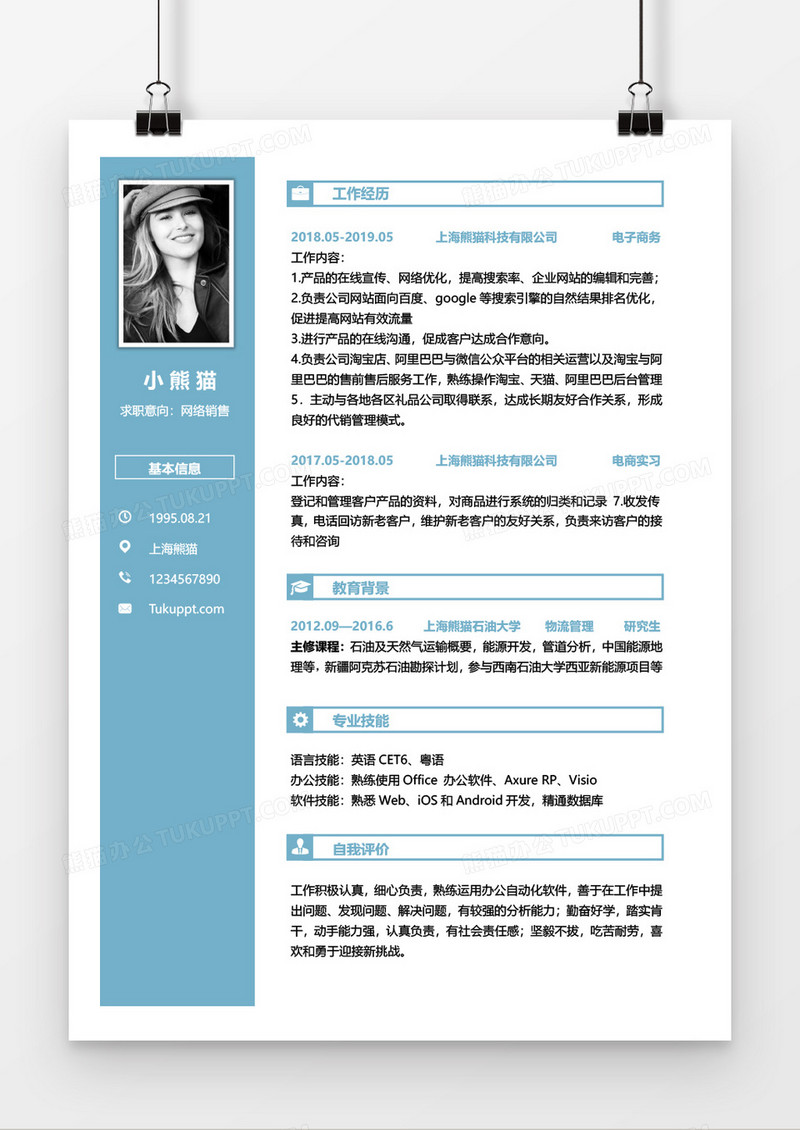 蓝色创意网络销售1到3年工作经验简历word模板