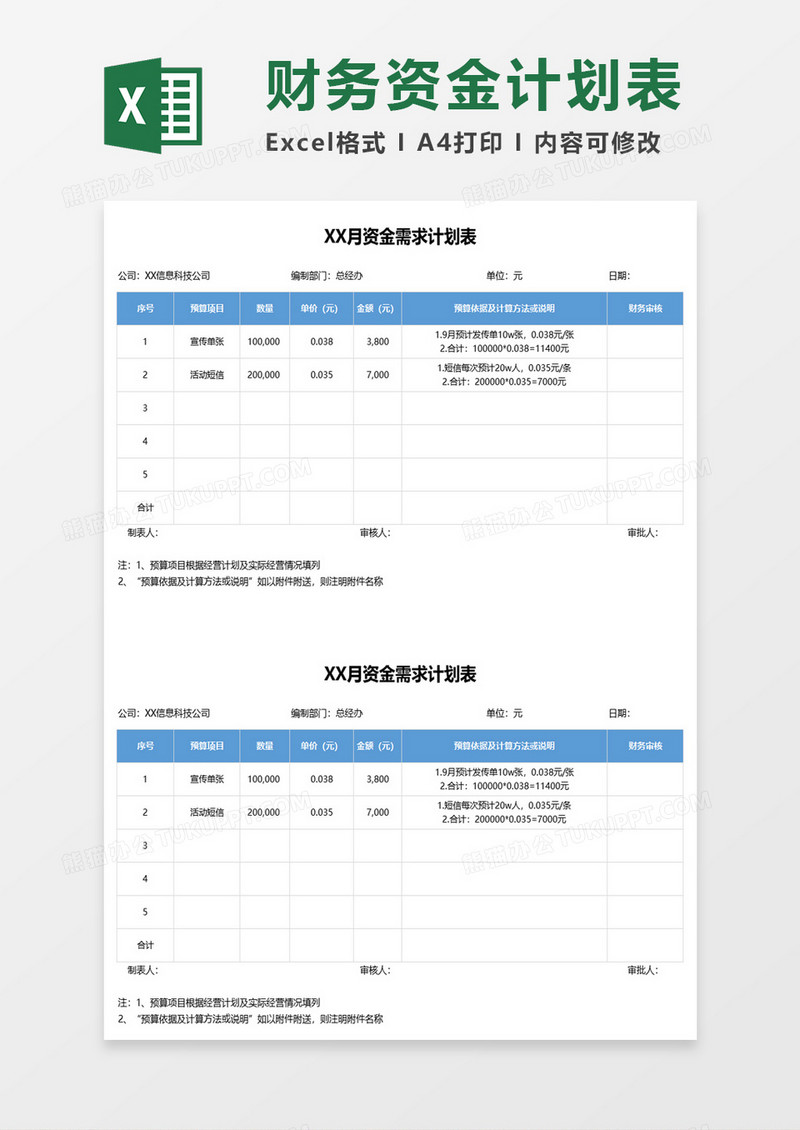 月度财务资金计划表excel模板