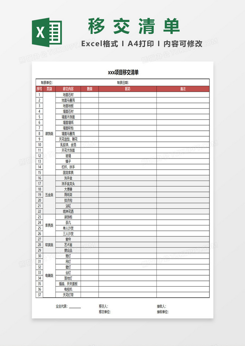 项目移交清单excel模板