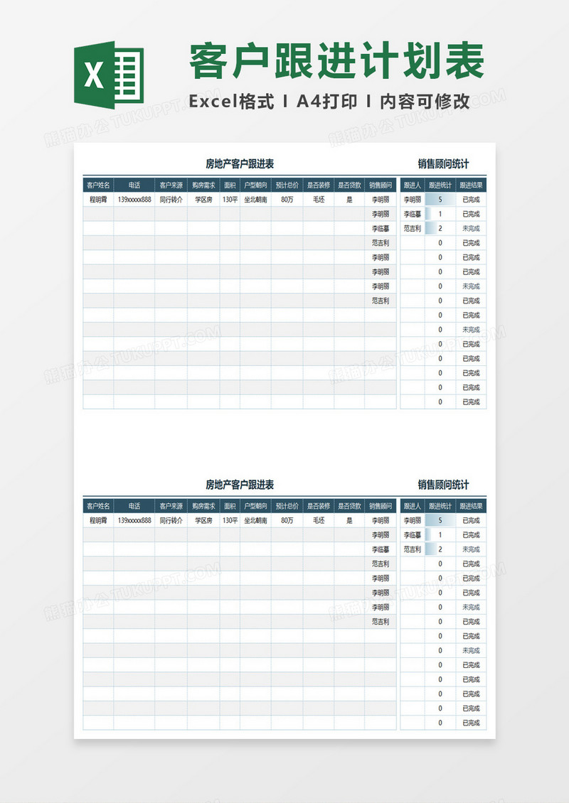 房地产客户跟进统计表excel模板