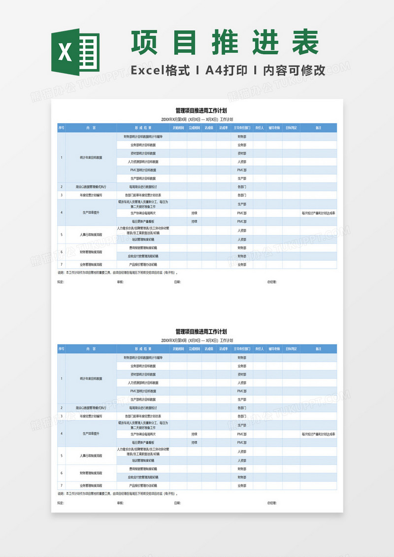 管理项目推进周工作计划进度表excel模板