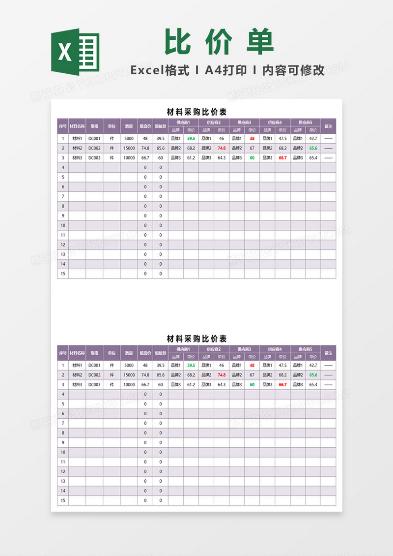 企业材料采购比价表excel模板