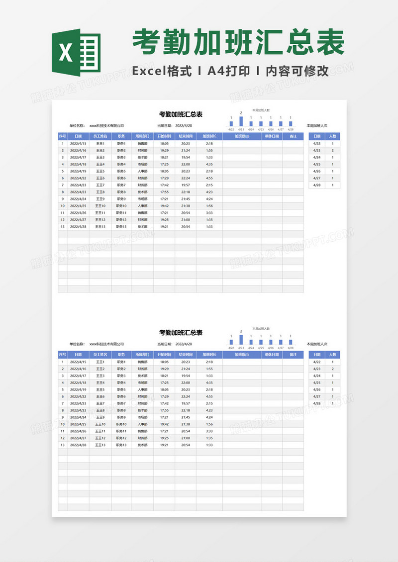 考勤加班汇总表excel模板