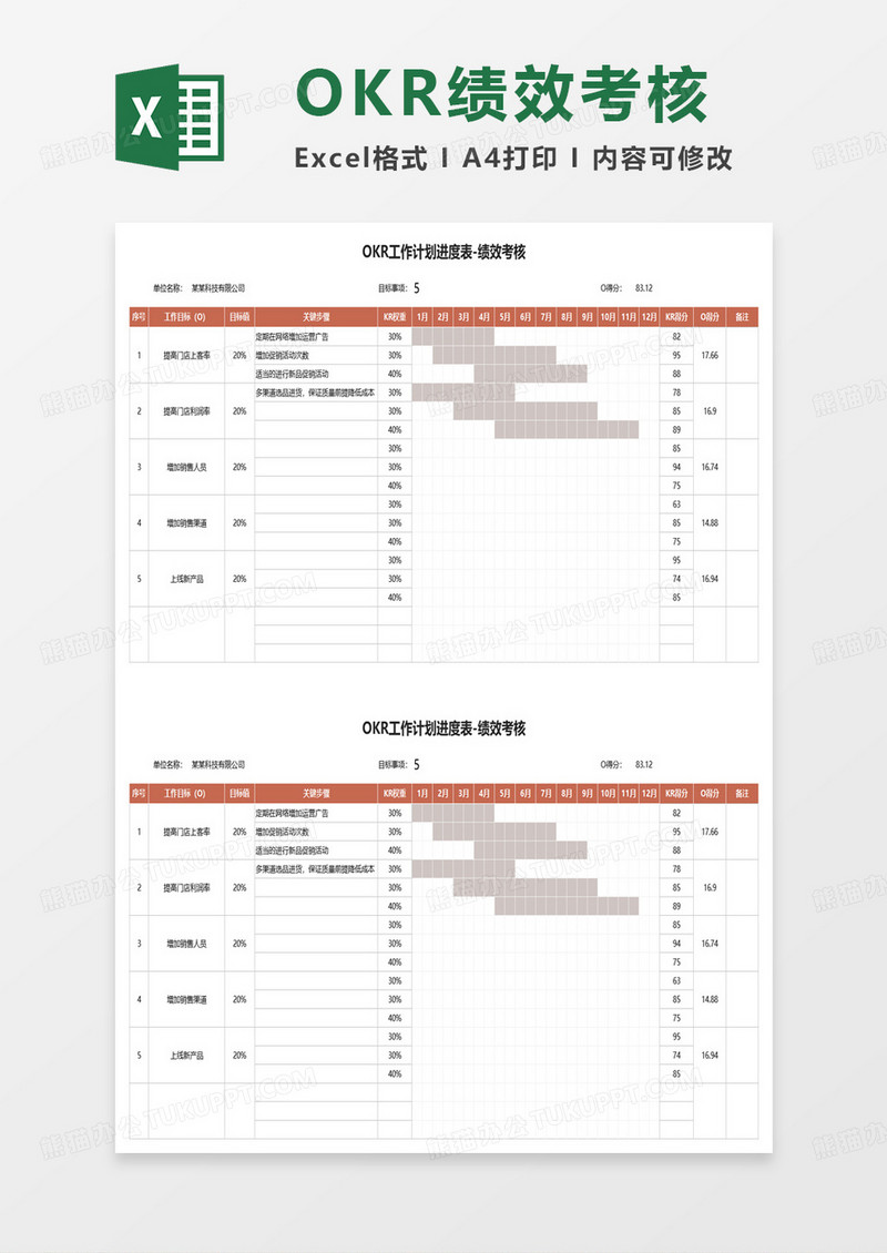 OKR工作计划进度月度绩效考核表excel模板