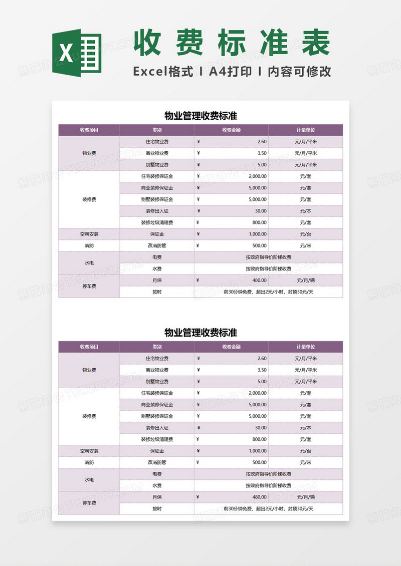 物业管理收费标准表excel模板