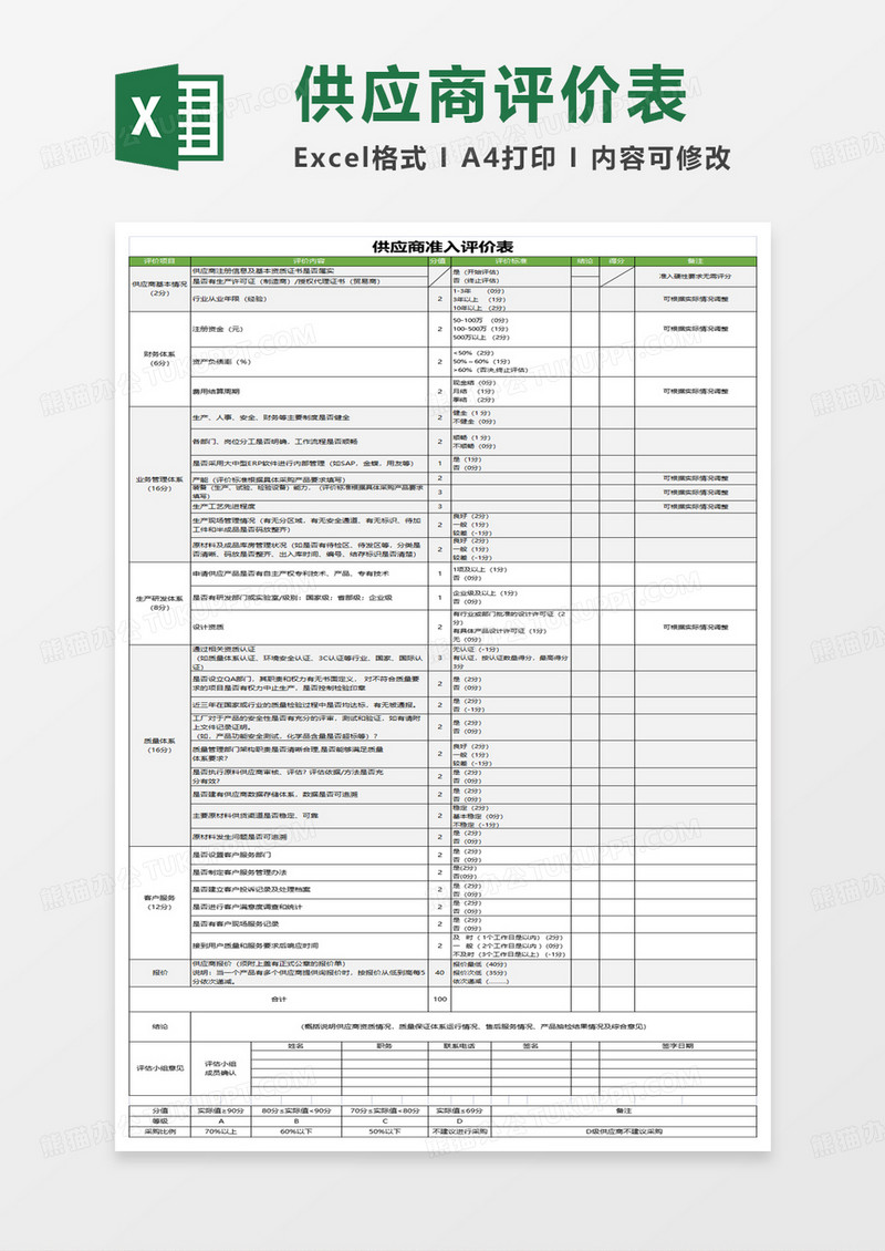 供应商准入评价表excel模板