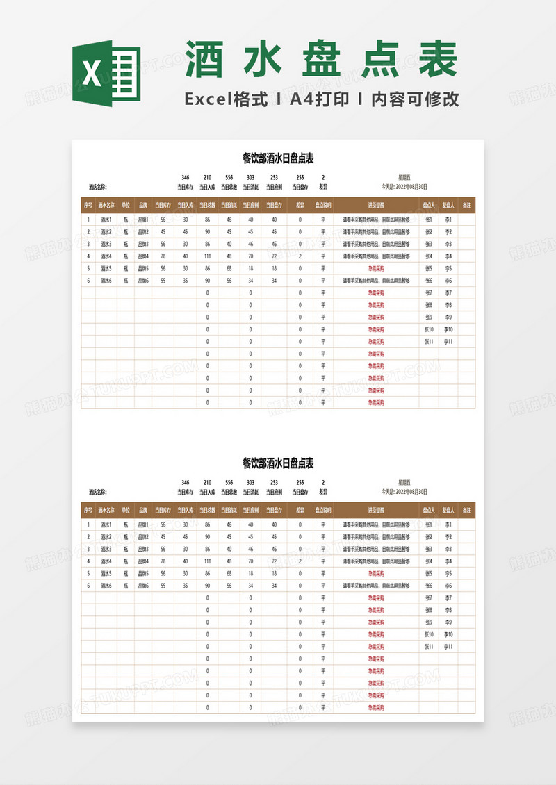餐饮部酒水日盘点表excel模板