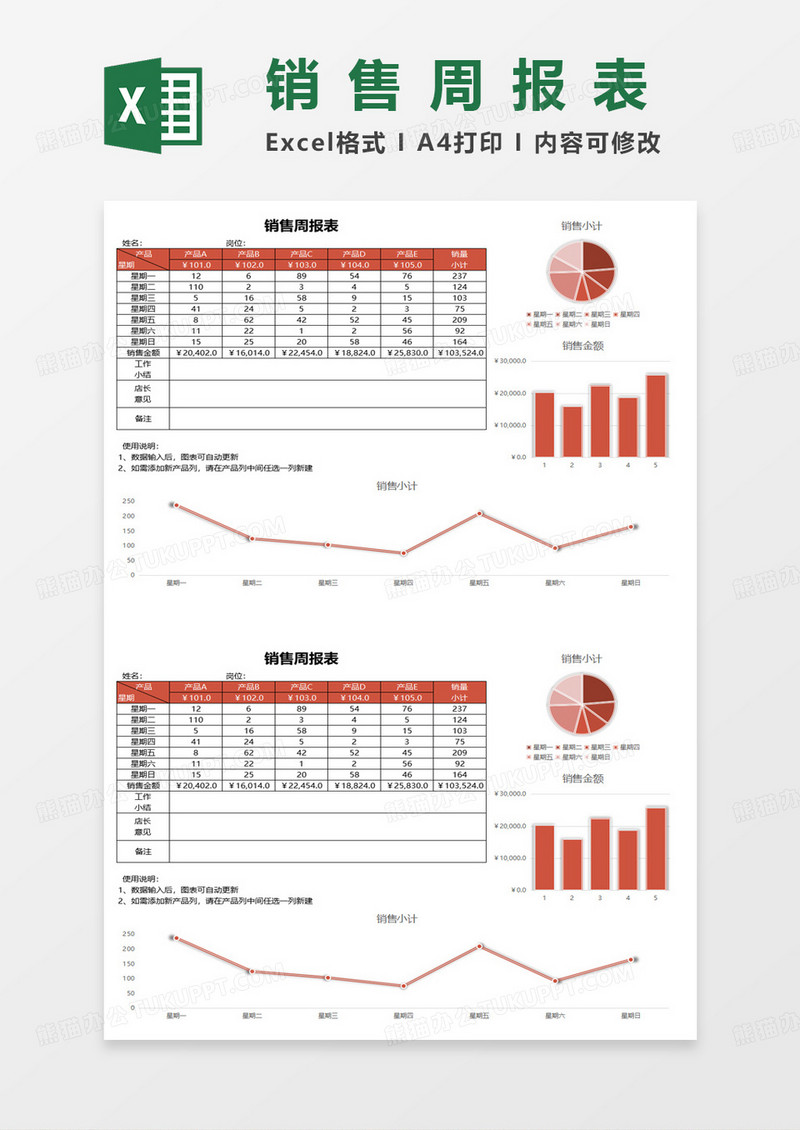 公司业务部门销售周报表excel模板