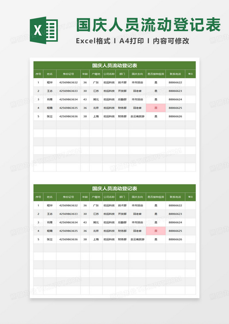 国庆人员流动登记表excel模板