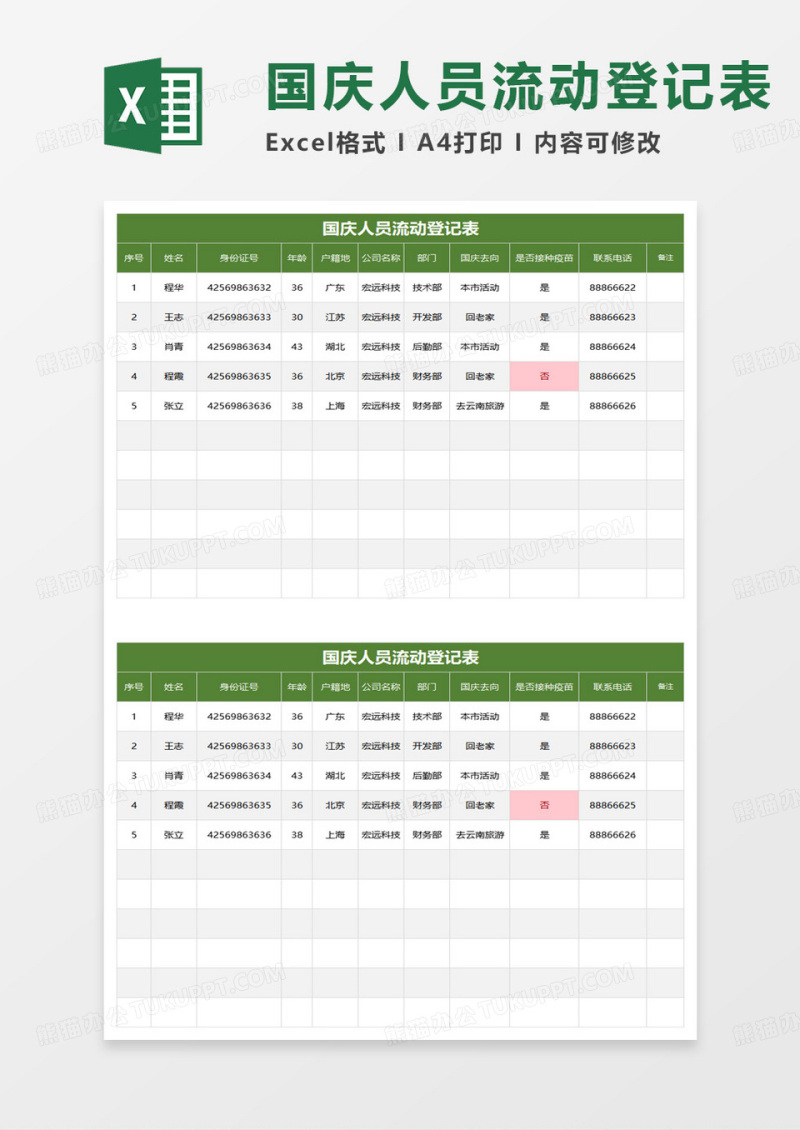 国庆人员流动登记表excel模板