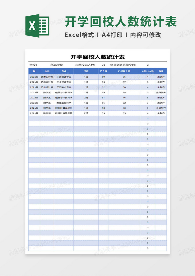 开学回校人数统计表excel模板