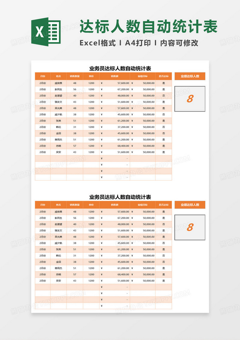 业务员达标人数自动统计表excel模板