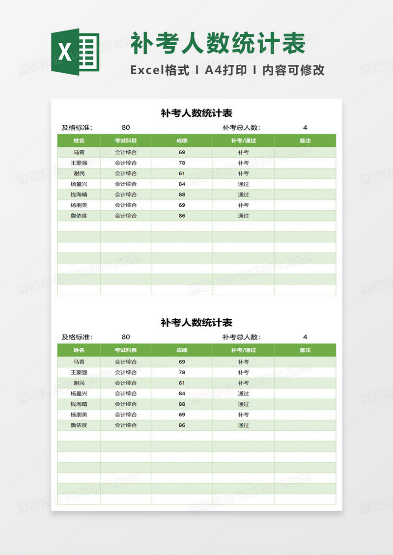 补考人数统计表excel模板