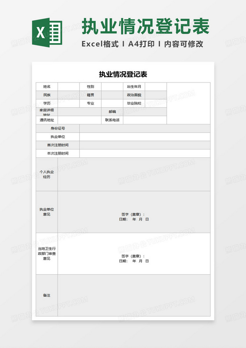 执业情况登记表excel模板