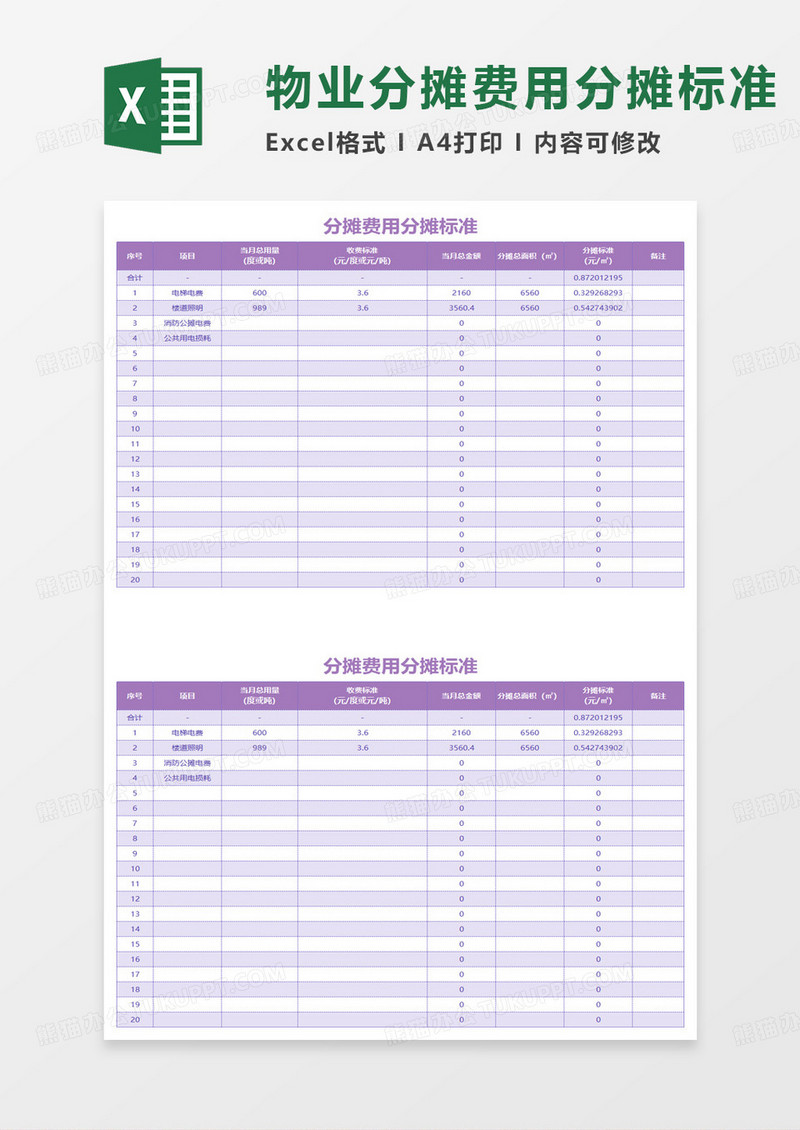 物业分摊费用分摊标准表excel模板