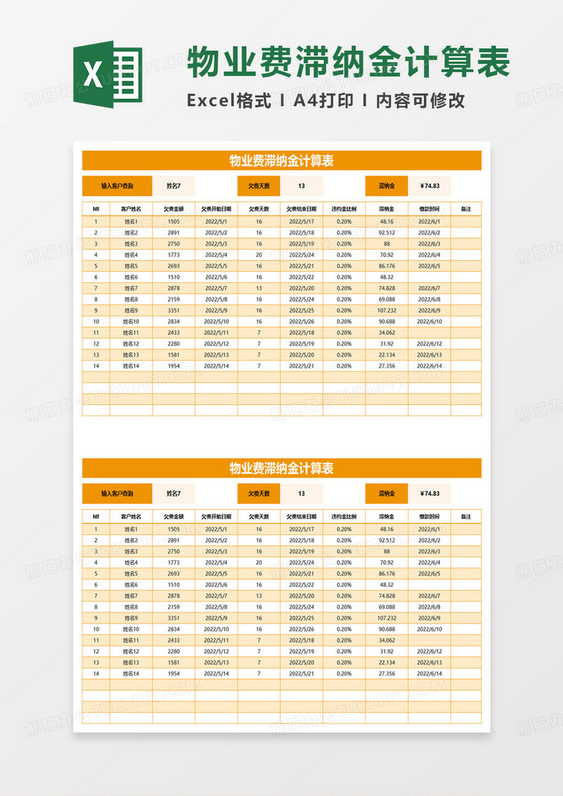 小区物业费滞纳金计算表excel模板