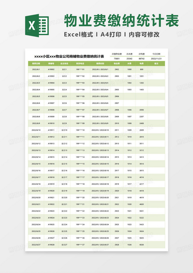 物业公司商铺物业费缴纳统计表excel模板