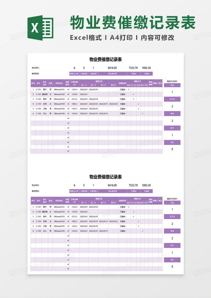 物业公司收费催缴记录表excel模板