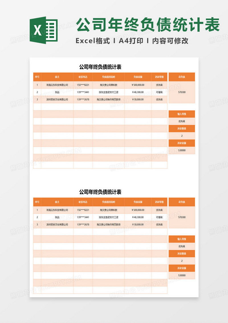 公司年终负债统计表excel模板